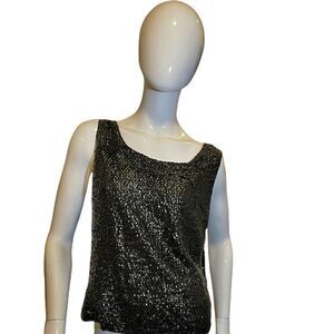 Vintage 1960s Black Sequined Crystal Embellishments Scalloped Formal Party Top M